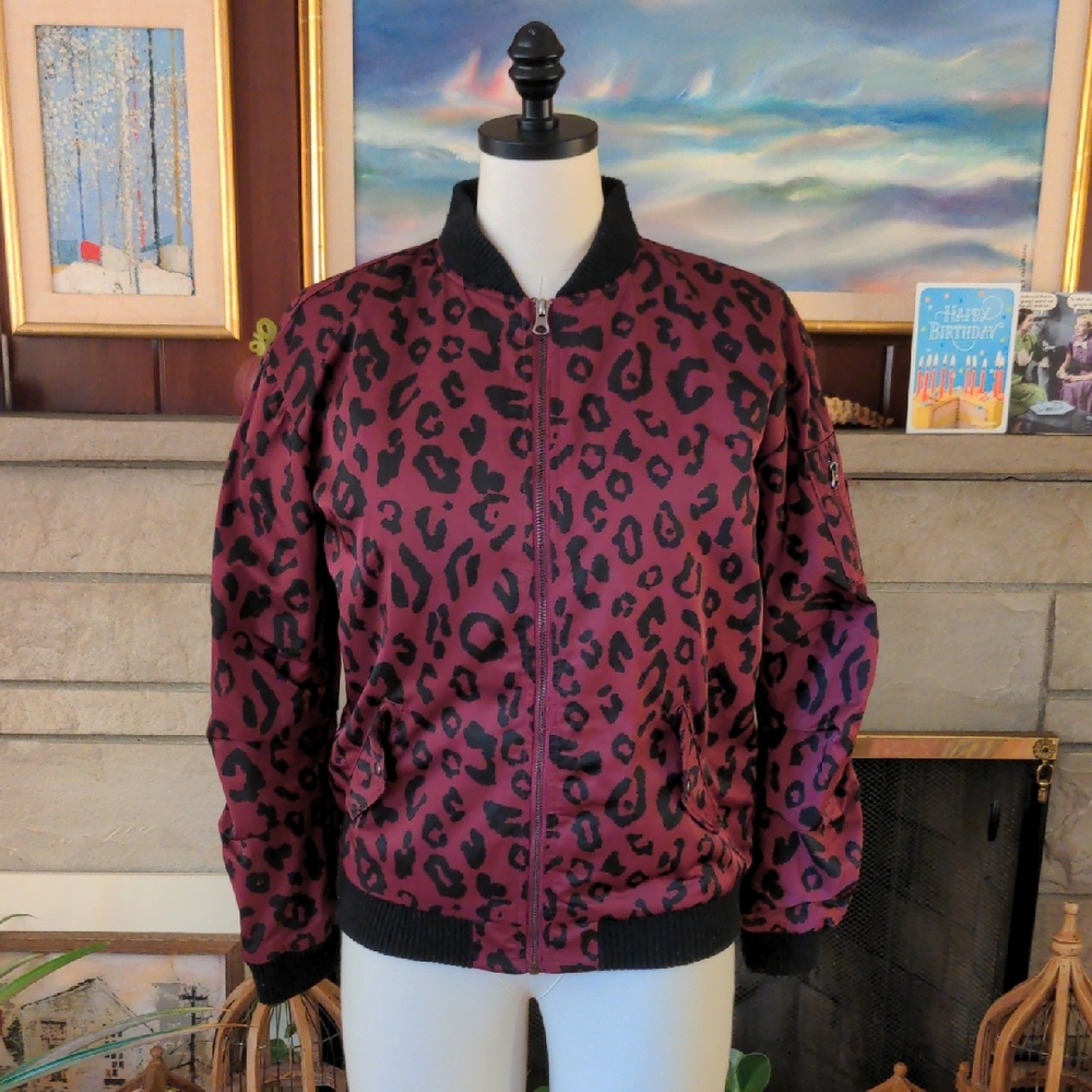 Art Class Leopard Cheetah Bomber Jacket Small Medium Maroon Black
